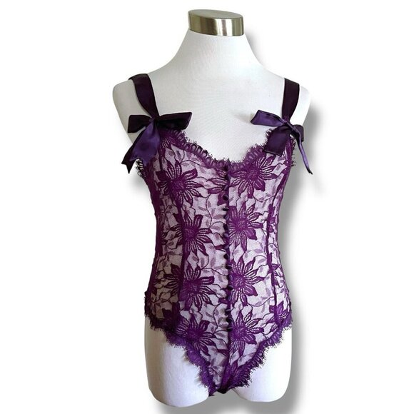 Vintage Victorias Secret Gold Label Teddy Sz Small Purple Lace Sheer Bow Straps - Picture 5 of 10